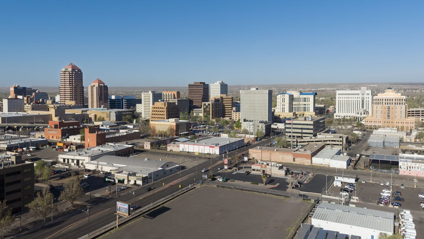 The Albuquerque skyline with the Sandia Mountains behind