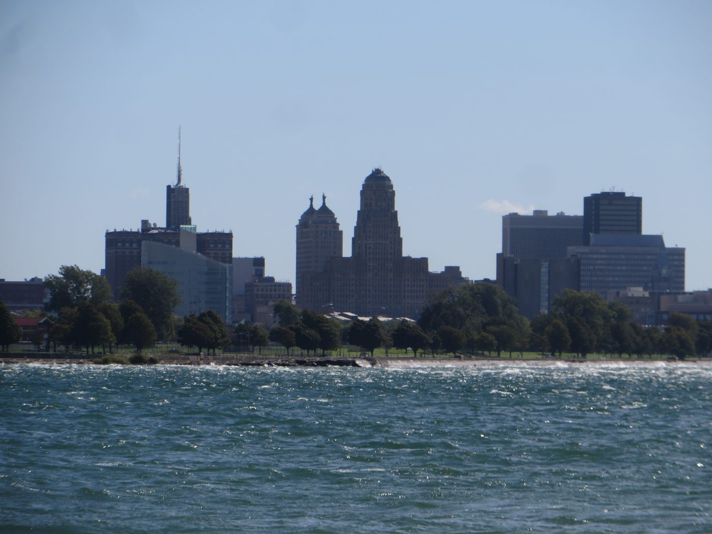 The Buffalo skyline and City Hall across the waterfront