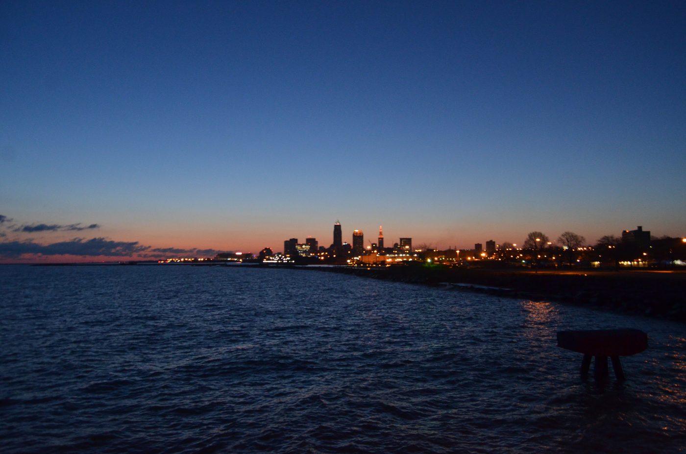 The Cleveland skyline at sunrise from Edgewater Park