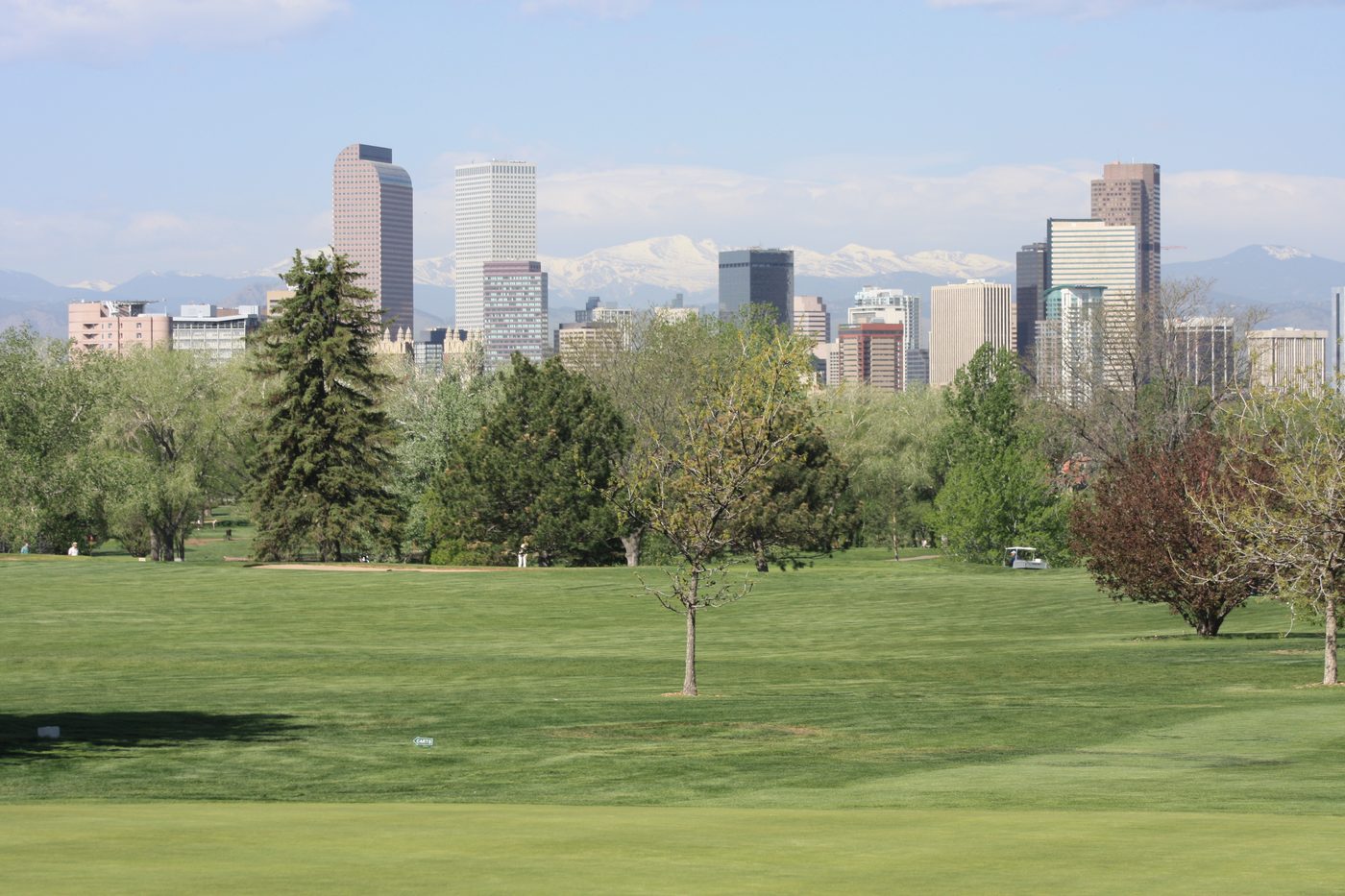 The Denver skyline and the Rockies seen from City Park