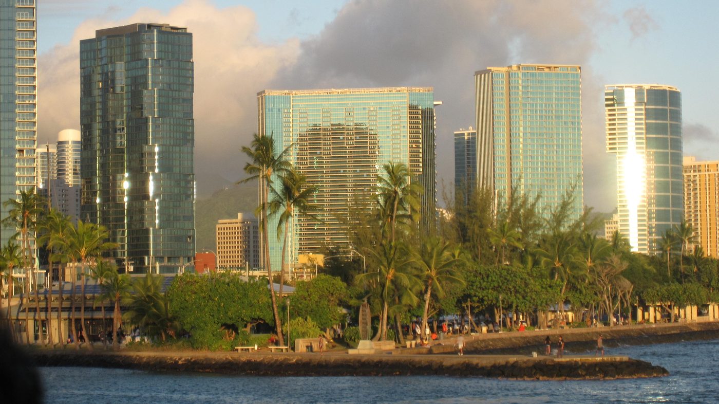 The Honolulu skyline from Kakaako Waterfront Park