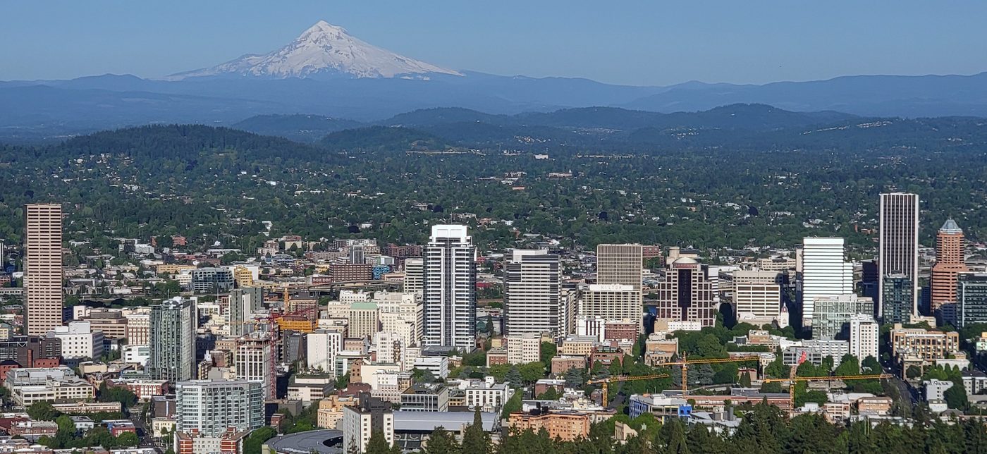 Downtown Portland with Mount Hood behind it, from Pittock Mansion